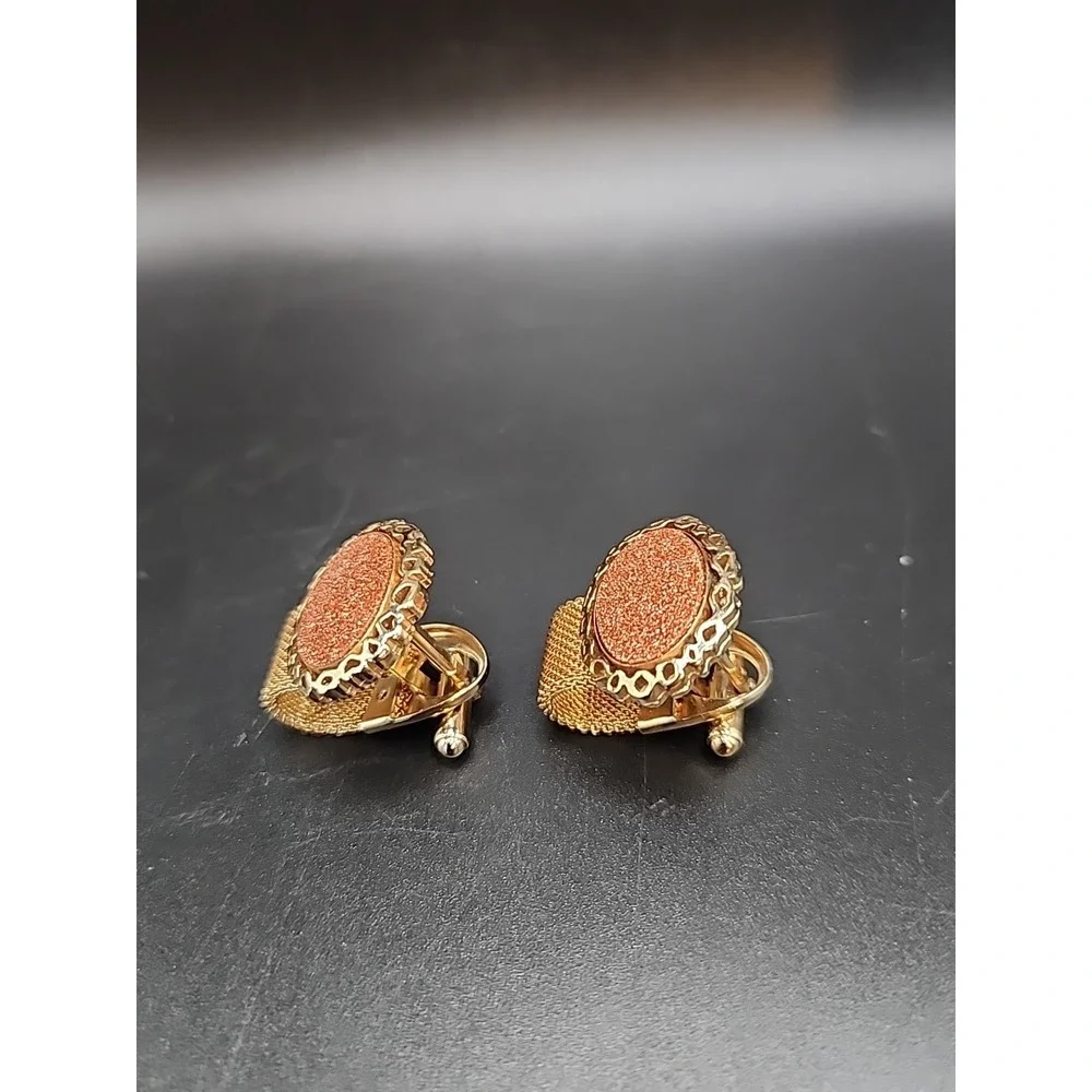 Vintage Oval Gemstone Goldstone Mesh Ornate Gold‎ Plated Wrap Around Cuff Links